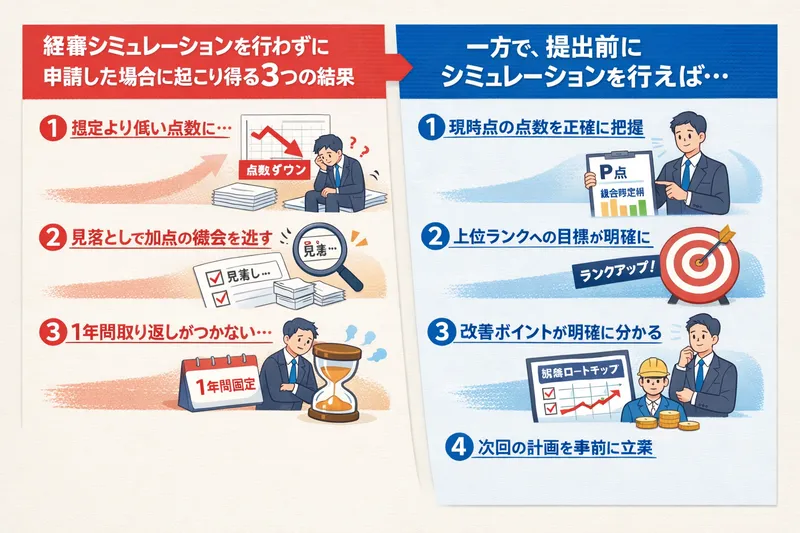 経審シミュレーションを行わずに申請した場合に起こり得る点数リスクと、提出前に回避できた可能性を示す図